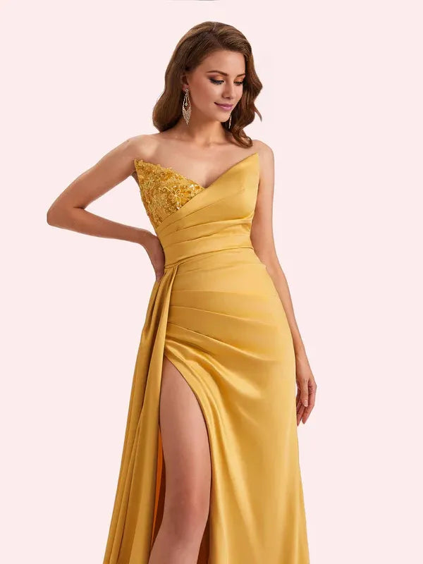 Robe Weitese sexy sirène col en V fente latérale sans bretelles robe longue en satin doux robe de demoiselle d'honneur pour robe de bal de mariage